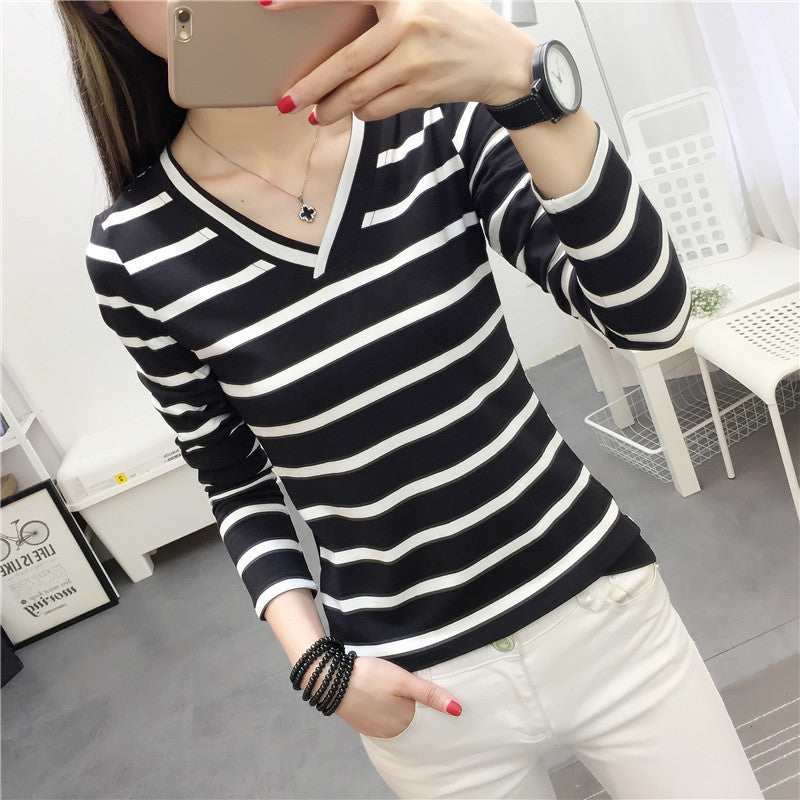 GIRLS V-neck Long Sleeve CONTRAST LINES T.SHIRT