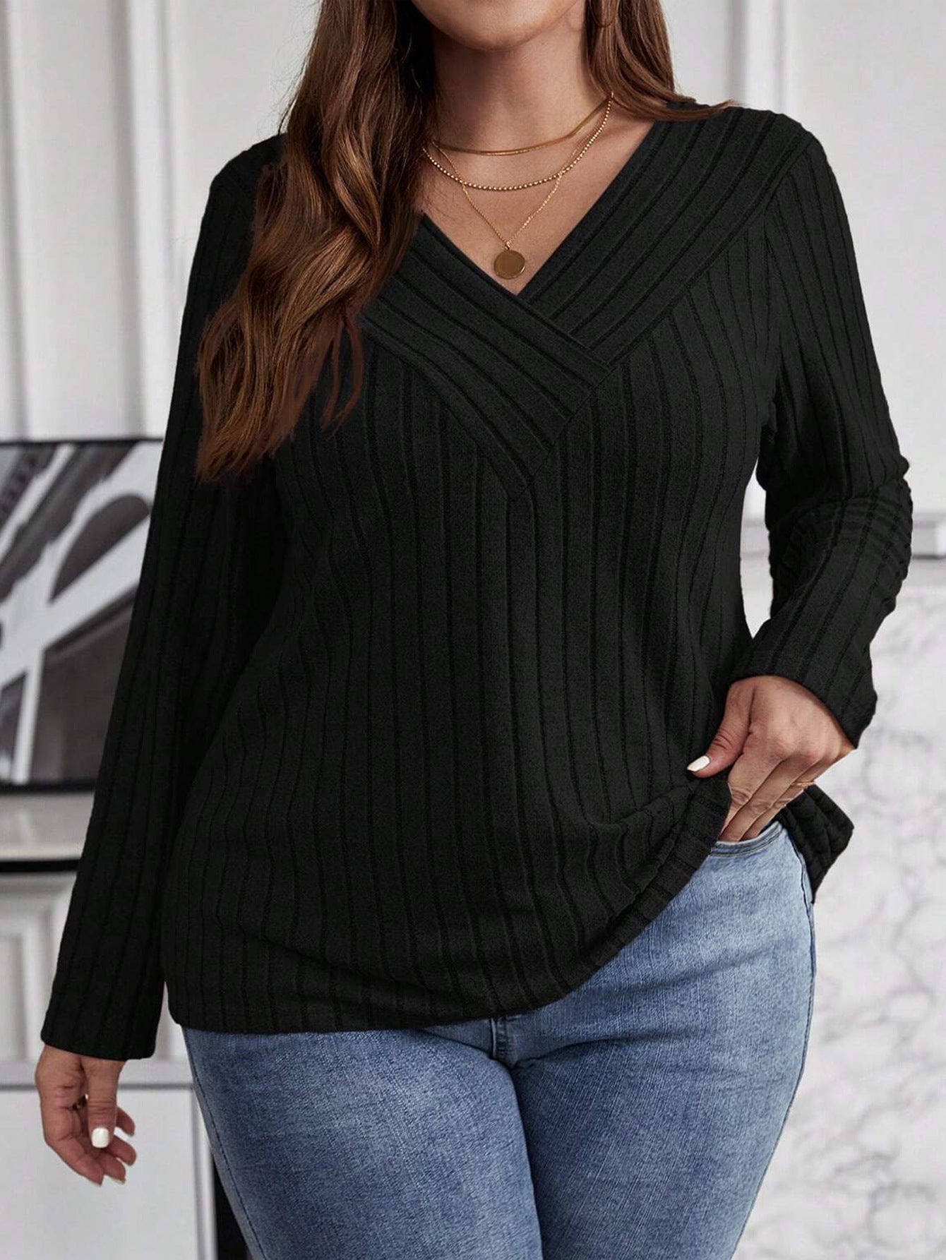 GIRLS & WOMEN'S Winter Solid Color Plus-size Cross V-neck Long-sleeve Ribbed Brushed T-shirt
