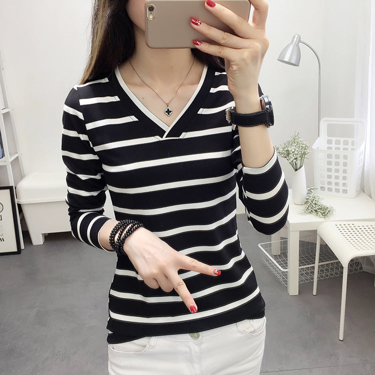 GIRLS V-neck Long Sleeve CONTRAST LINES T.SHIRT