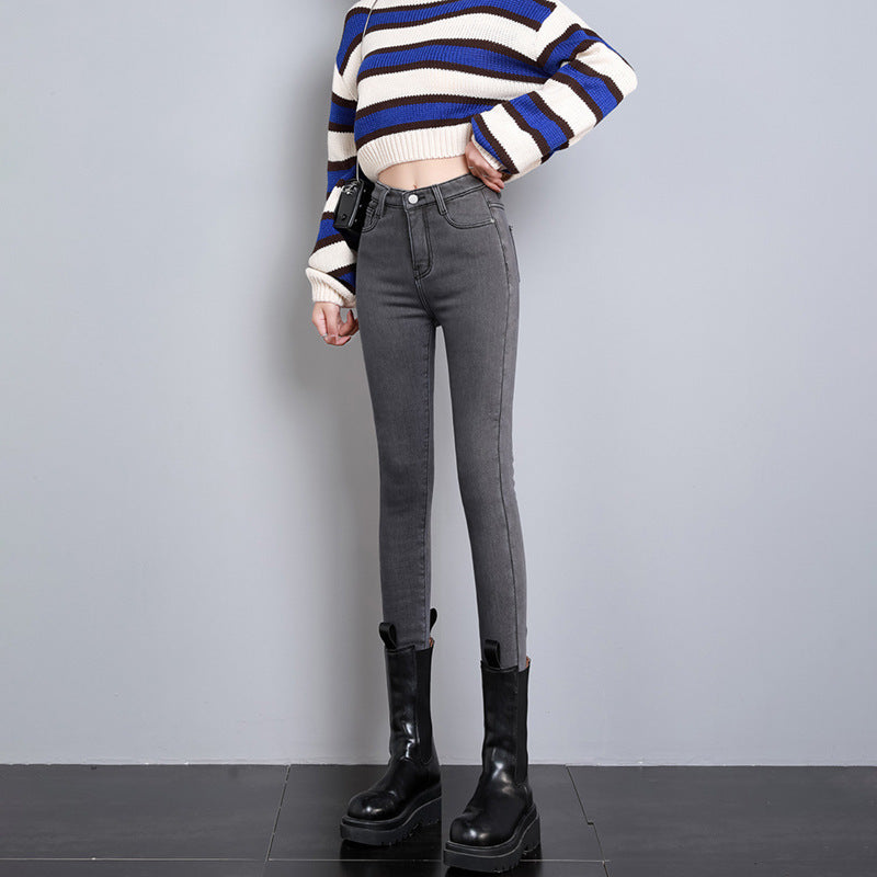 High-looking Smoky Gray High Waist Velvet Padded DENIM Jeans