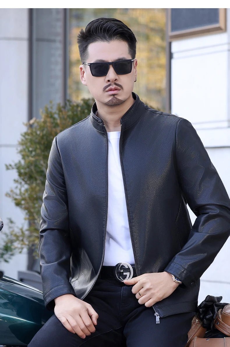 KK BRAND Premium Leather Stand Collar Men's Jacket – Smart Fit Casual Style 2025