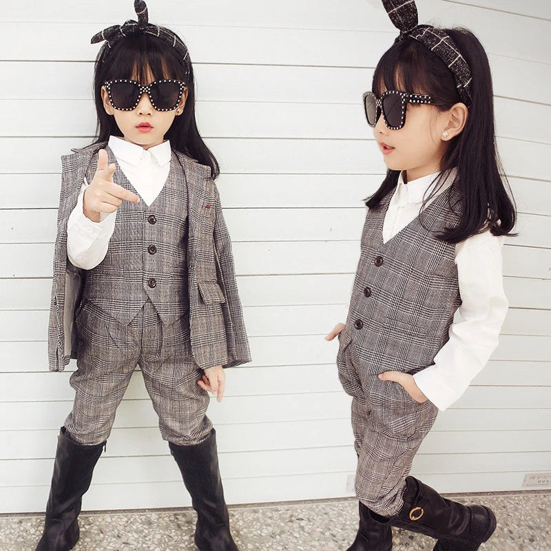 KK BRAND | LITTLE PRINCESS" 3-PIECE FORMAL SUIT FOR GIRLS – COAT, PANTS & INNER SHIRT | PLAID STYLE FOR CEREMONIES &amp; OCCASIONS | 2025