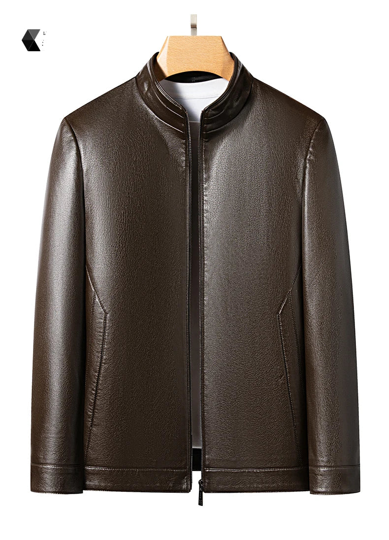 KK BRAND Premium Leather Stand Collar Men's Jacket – Smart Fit Casual Style 2025