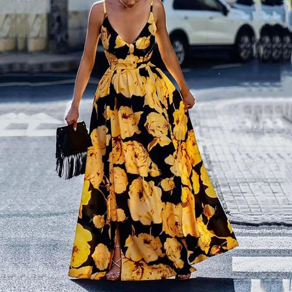 🌼 KK BRAND – Women’s V-Neck Floral Long Frock  Spaghetti Strap Maxi Dress with Elastic Waist &amp; Digital Prints | Summer 2025