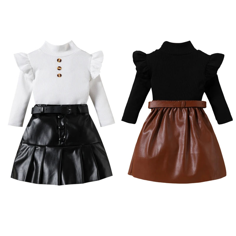 KK BRAND 2-PIECE OUTFIT FOR GIRLS – RUFFLED LONG SLEEVE TOP & PLEATED LEATHER SKIRT SET | BLACK &amp; WHITE FASHION LOOK | 2025