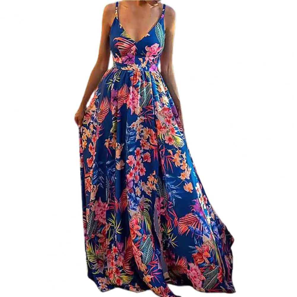 🌼 KK BRAND – Women’s V-Neck Floral Long Frock  Spaghetti Strap Maxi Dress with Elastic Waist &amp; Digital Prints | Summer 2025