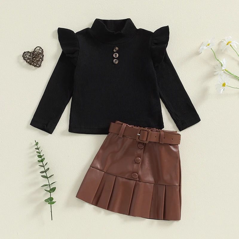KK BRAND 2-PIECE OUTFIT FOR GIRLS – RUFFLED LONG SLEEVE TOP & PLEATED LEATHER SKIRT SET | BLACK &amp; WHITE FASHION LOOK | 2025