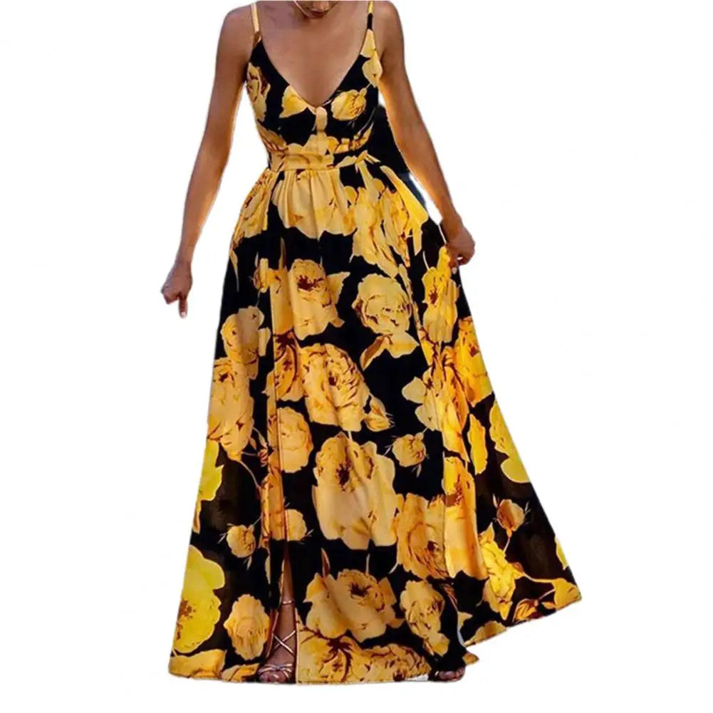 🌼 KK BRAND – Women’s V-Neck Floral Long Frock  Spaghetti Strap Maxi Dress with Elastic Waist &amp; Digital Prints | Summer 2025