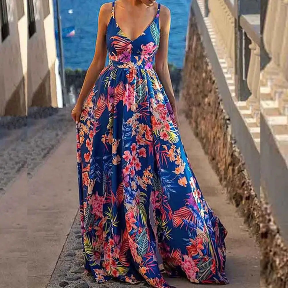 🌼 KK BRAND – Women’s V-Neck Floral Long Frock  Spaghetti Strap Maxi Dress with Elastic Waist &amp; Digital Prints | Summer 2025