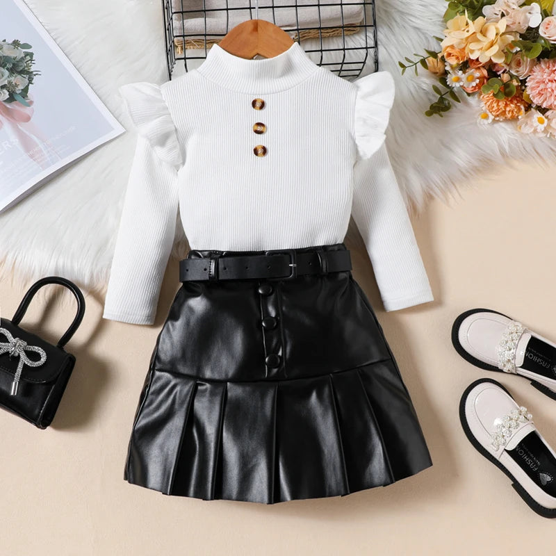 KK BRAND 2-PIECE OUTFIT FOR GIRLS – RUFFLED LONG SLEEVE TOP & PLEATED LEATHER SKIRT SET | BLACK &amp; WHITE FASHION LOOK | 2025