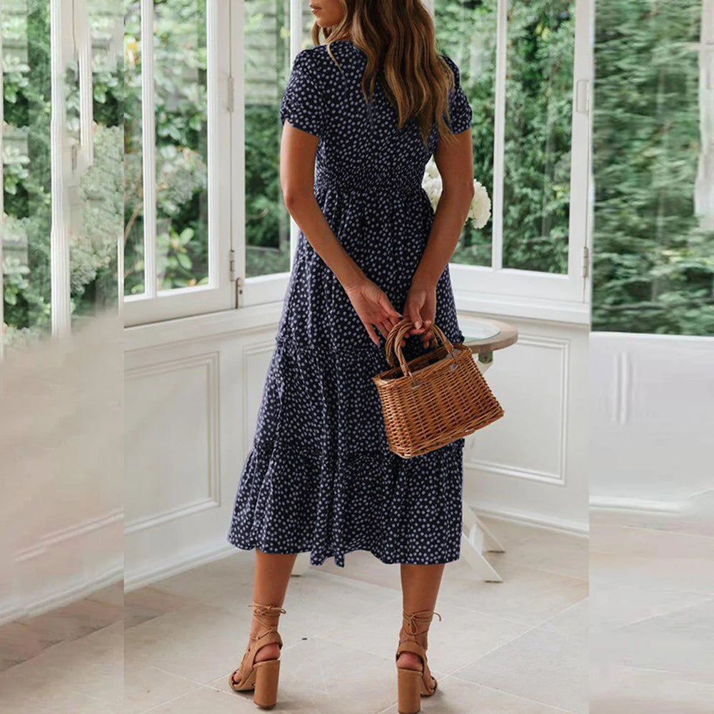 KK BRAND – Bohemian Printed Chiffon Mid-Calf Dress Breathe Easy, Dress Freely – Summer Style with a Flowing Soul 2025