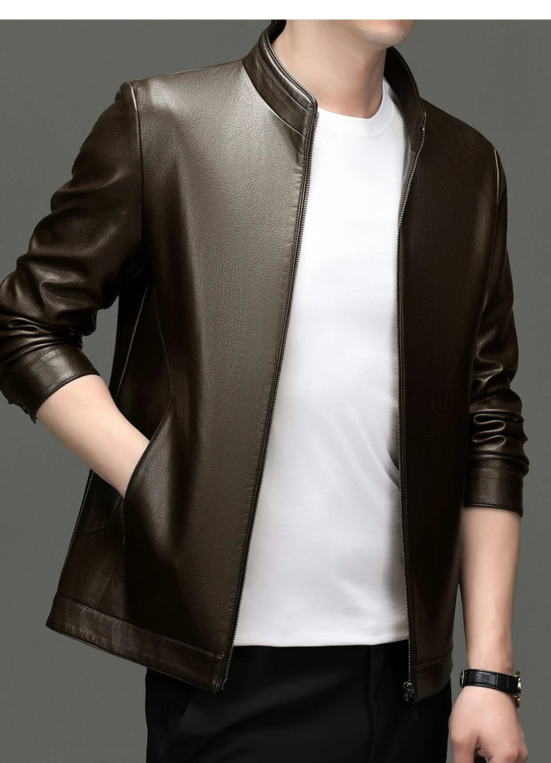 KK BRAND Premium Leather Stand Collar Men's Jacket – Smart Fit Casual Style 2025