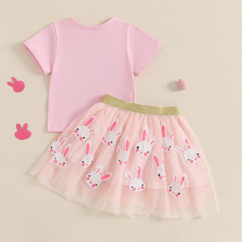 🌸 KK BRAND Toddler Girl 2-Piece Easter Outfit – Embroidered Letter Top & Sequin Bunny Skirt Set (Spring 2025)