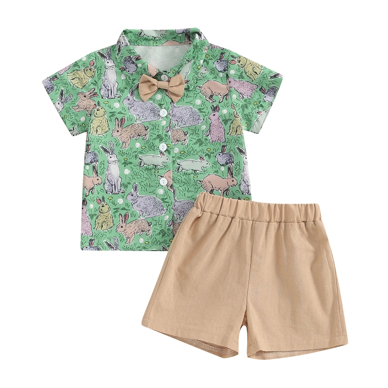 🧡 KK BRAND TODDLER BOY 2-PIECE SUMMER SET – BUNNY & CARROT PRINT SHIRT + SOLID SHORTS (9M–4Y) | 2025