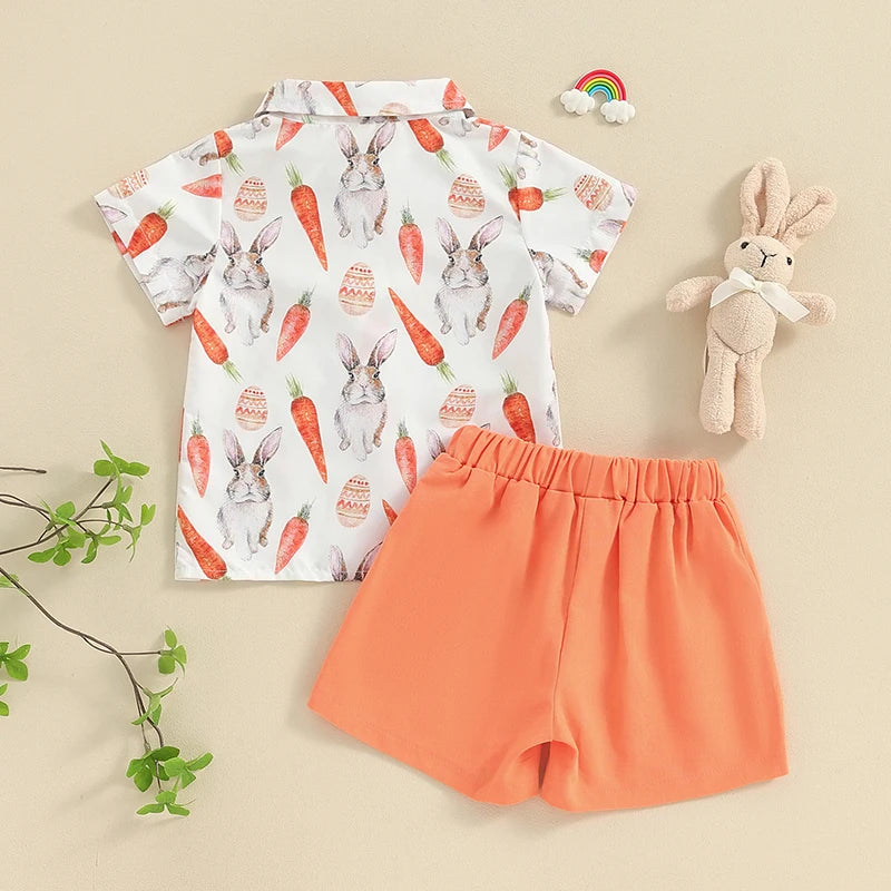 🧡 KK BRAND TODDLER BOY 2-PIECE SUMMER SET – BUNNY & CARROT PRINT SHIRT + SOLID SHORTS (9M–4Y) | 2025
