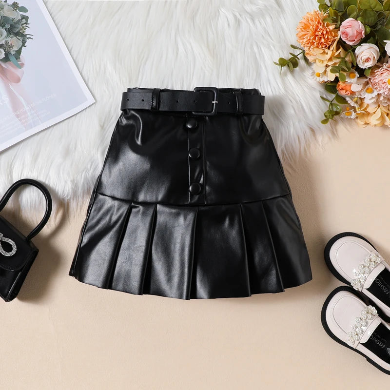 KK BRAND 2-PIECE OUTFIT FOR GIRLS – RUFFLED LONG SLEEVE TOP & PLEATED LEATHER SKIRT SET | BLACK &amp; WHITE FASHION LOOK | 2025