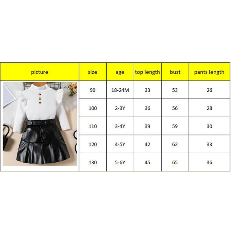 KK BRAND 2-PIECE OUTFIT FOR GIRLS – RUFFLED LONG SLEEVE TOP & PLEATED LEATHER SKIRT SET | BLACK &amp; WHITE FASHION LOOK | 2025