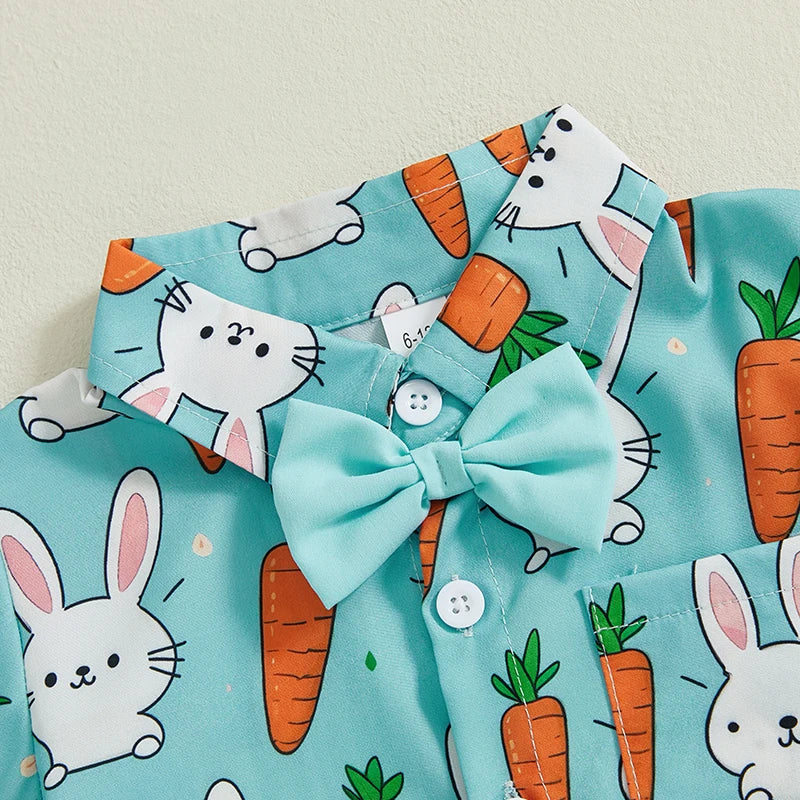 Baby Boys' Easter 2-Piece Outfit – Rabbit & Carrot Print Shirt with Solid Shorts (Light Green) By KK BRAND | 2025