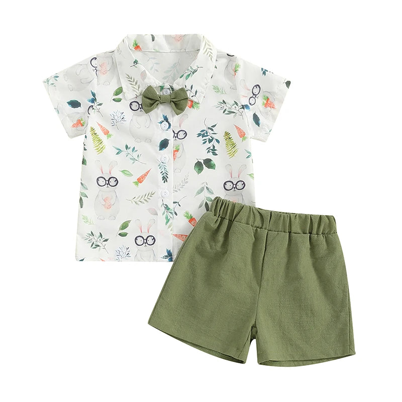 🧡 KK BRAND TODDLER BOY 2-PIECE SUMMER SET – BUNNY & CARROT PRINT SHIRT + SOLID SHORTS (9M–4Y) | 2025