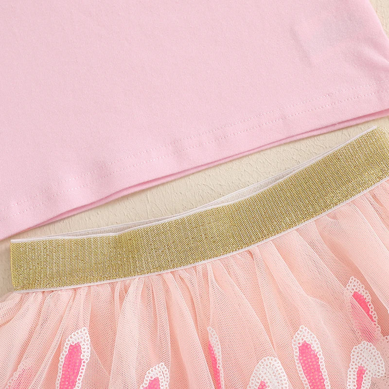 🌸 KK BRAND Toddler Girl 2-Piece Easter Outfit – Embroidered Letter Top & Sequin Bunny Skirt Set (Spring 2025)