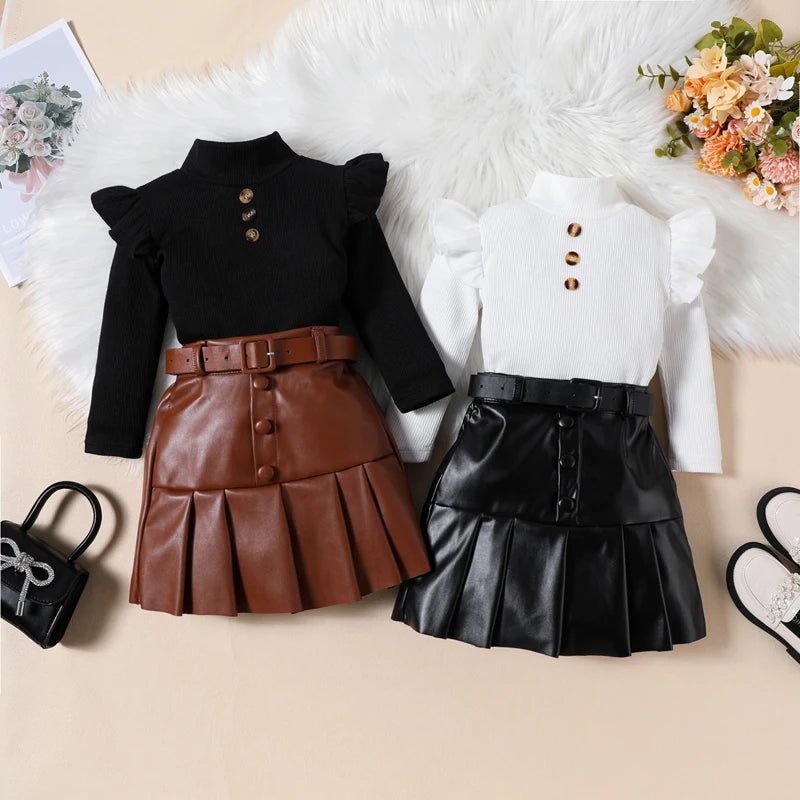 KK BRAND 2-PIECE OUTFIT FOR GIRLS – RUFFLED LONG SLEEVE TOP & PLEATED LEATHER SKIRT SET | BLACK &amp; WHITE FASHION LOOK | 2025
