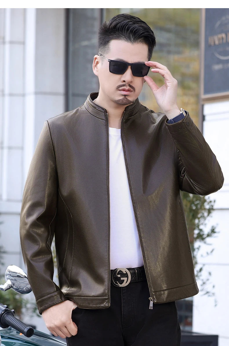KK BRAND Premium Leather Stand Collar Men's Jacket – Smart Fit Casual Style 2025