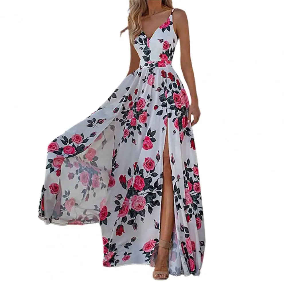 🌼 KK BRAND – Women’s V-Neck Floral Long Frock  Spaghetti Strap Maxi Dress with Elastic Waist &amp; Digital Prints | Summer 2025