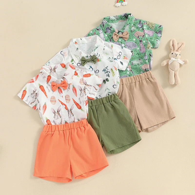 🧡 KK BRAND TODDLER BOY 2-PIECE SUMMER SET – BUNNY & CARROT PRINT SHIRT + SOLID SHORTS (9M–4Y) | 2025