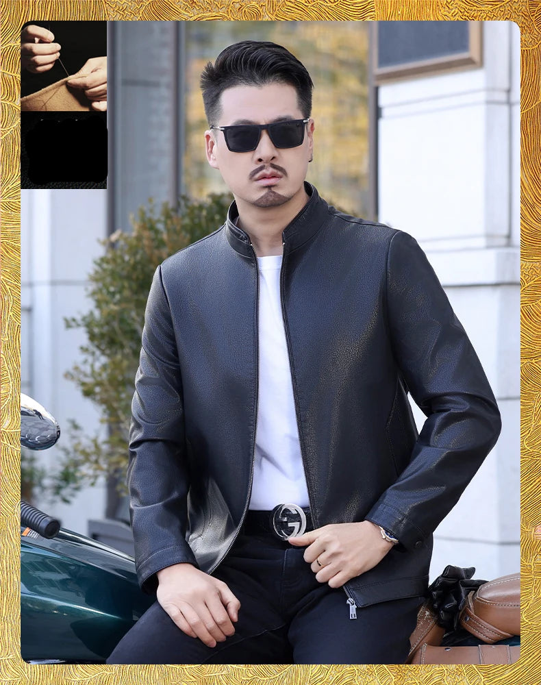 KK BRAND Premium Leather Stand Collar Men's Jacket – Smart Fit Casual Style 2025