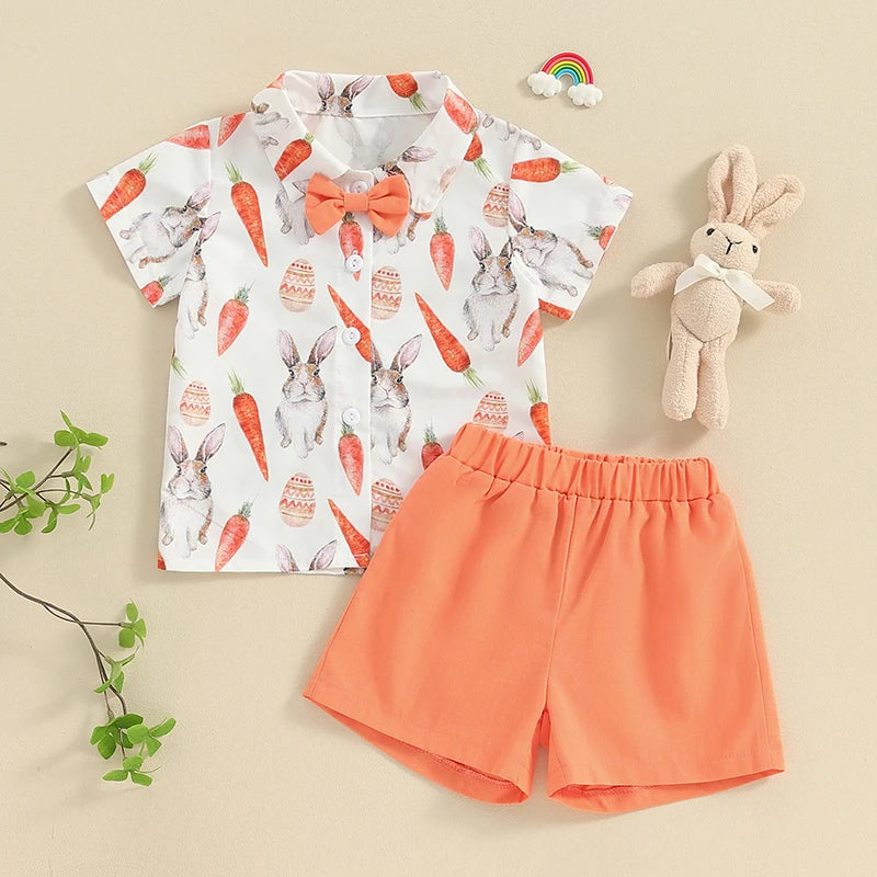 🧡 KK BRAND TODDLER BOY 2-PIECE SUMMER SET – BUNNY & CARROT PRINT SHIRT + SOLID SHORTS (9M–4Y) | 2025