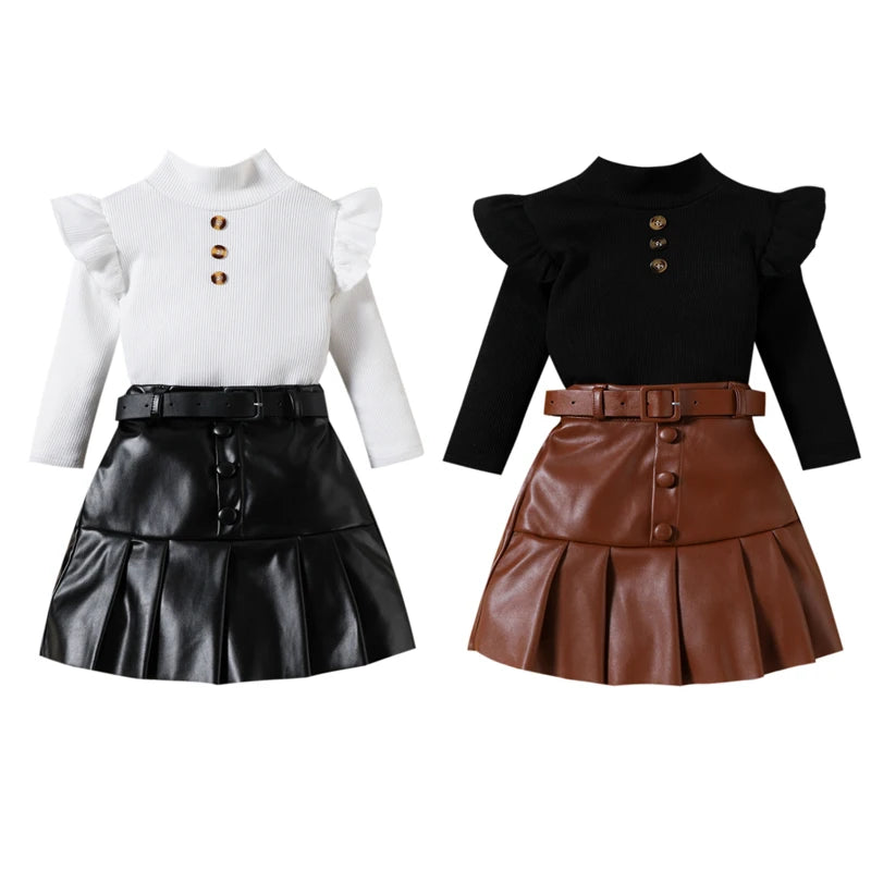 KK BRAND 2-PIECE OUTFIT FOR GIRLS – RUFFLED LONG SLEEVE TOP & PLEATED LEATHER SKIRT SET | BLACK &amp; WHITE FASHION LOOK | 2025