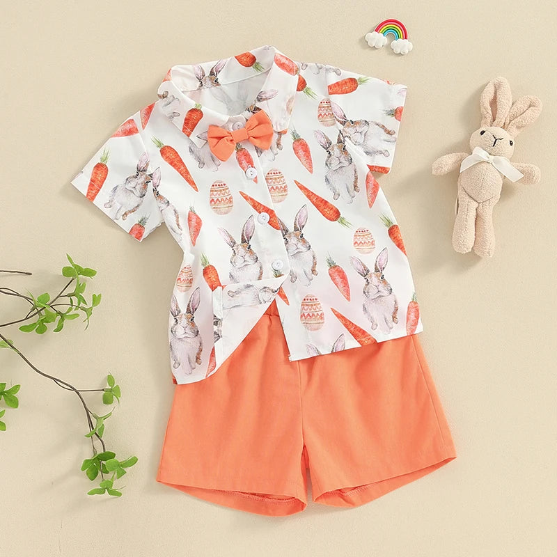 🧡 KK BRAND TODDLER BOY 2-PIECE SUMMER SET – BUNNY & CARROT PRINT SHIRT + SOLID SHORTS (9M–4Y) | 2025