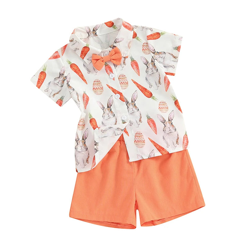 🧡 KK BRAND TODDLER BOY 2-PIECE SUMMER SET – BUNNY & CARROT PRINT SHIRT + SOLID SHORTS (9M–4Y) | 2025