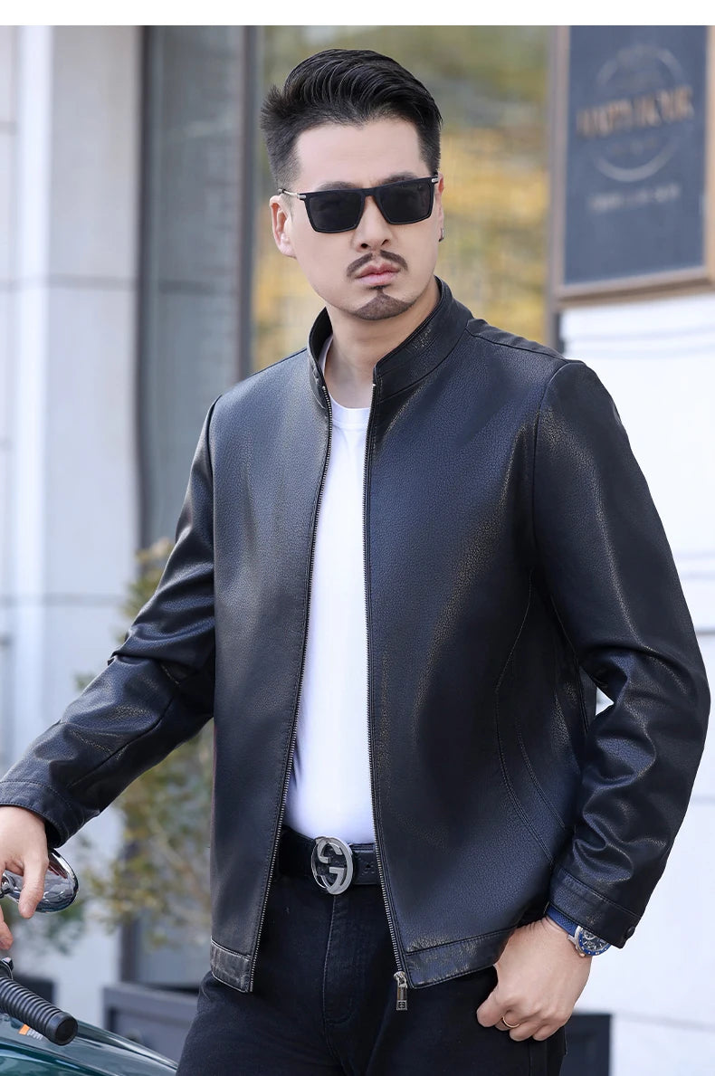 KK BRAND Premium Leather Stand Collar Men's Jacket – Smart Fit Casual Style 2025