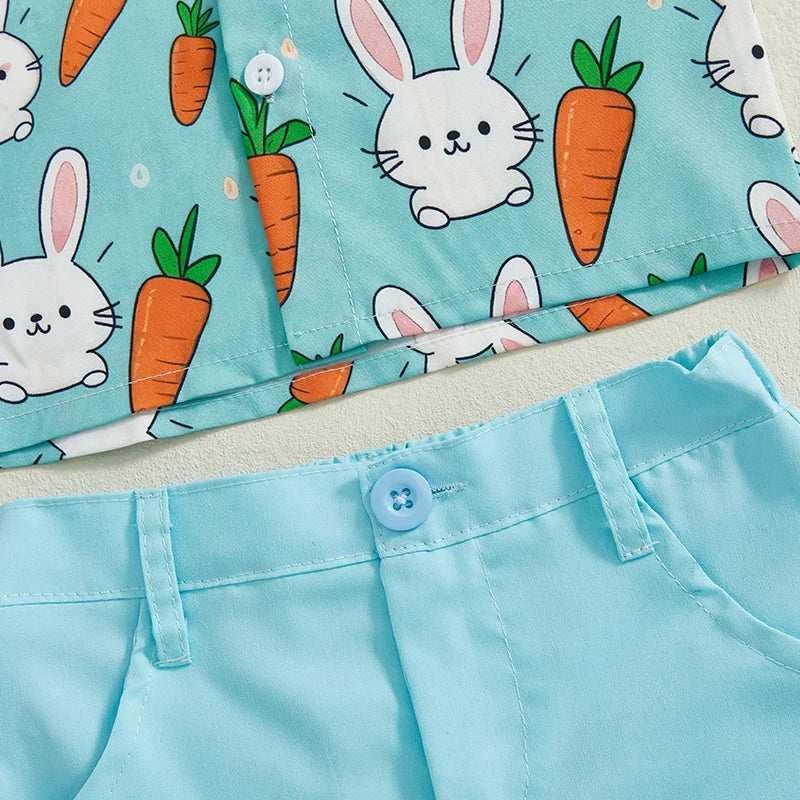 Baby Boys' Easter 2-Piece Outfit – Rabbit & Carrot Print Shirt with Solid Shorts (Light Green) By KK BRAND | 2025