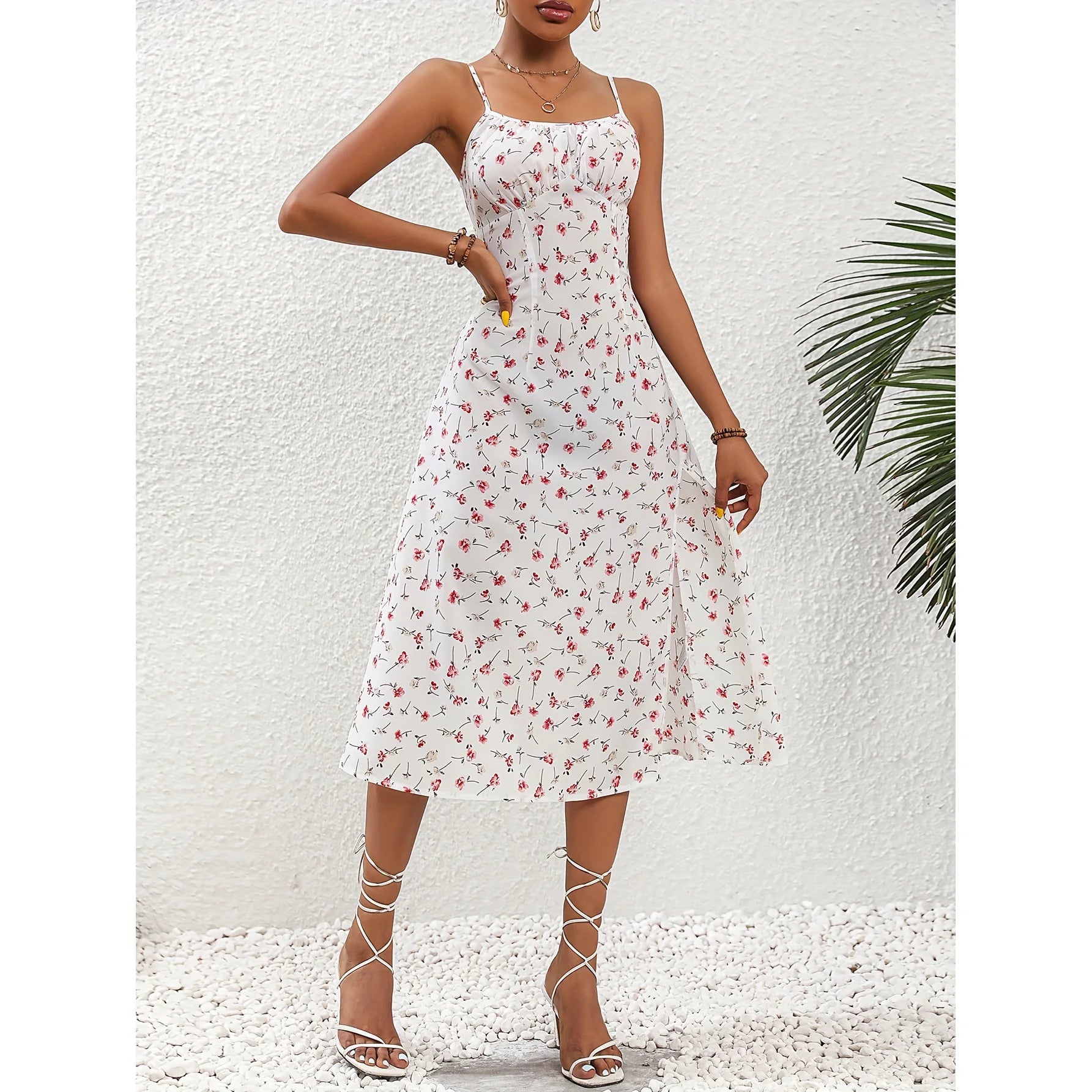 🌸 KK BRAND – Women’s Floral Dot Print Long Frock  Strapless Camisole Dress with Empire Waist &amp; Side Slit | Summer 2025