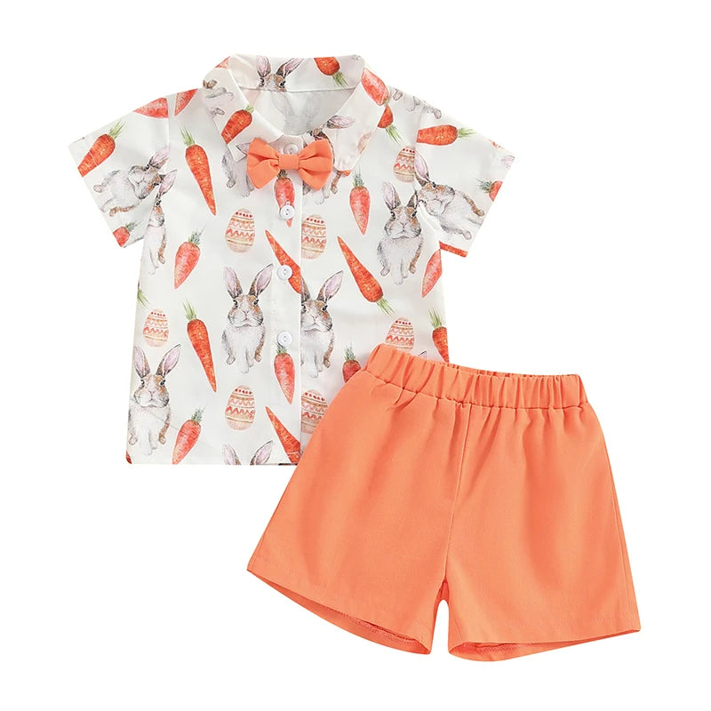 🧡 KK BRAND TODDLER BOY 2-PIECE SUMMER SET – BUNNY & CARROT PRINT SHIRT + SOLID SHORTS (9M–4Y) | 2025
