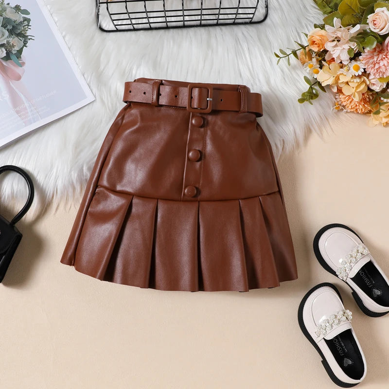 KK BRAND 2-PIECE OUTFIT FOR GIRLS – RUFFLED LONG SLEEVE TOP & PLEATED LEATHER SKIRT SET | BLACK &amp; WHITE FASHION LOOK | 2025