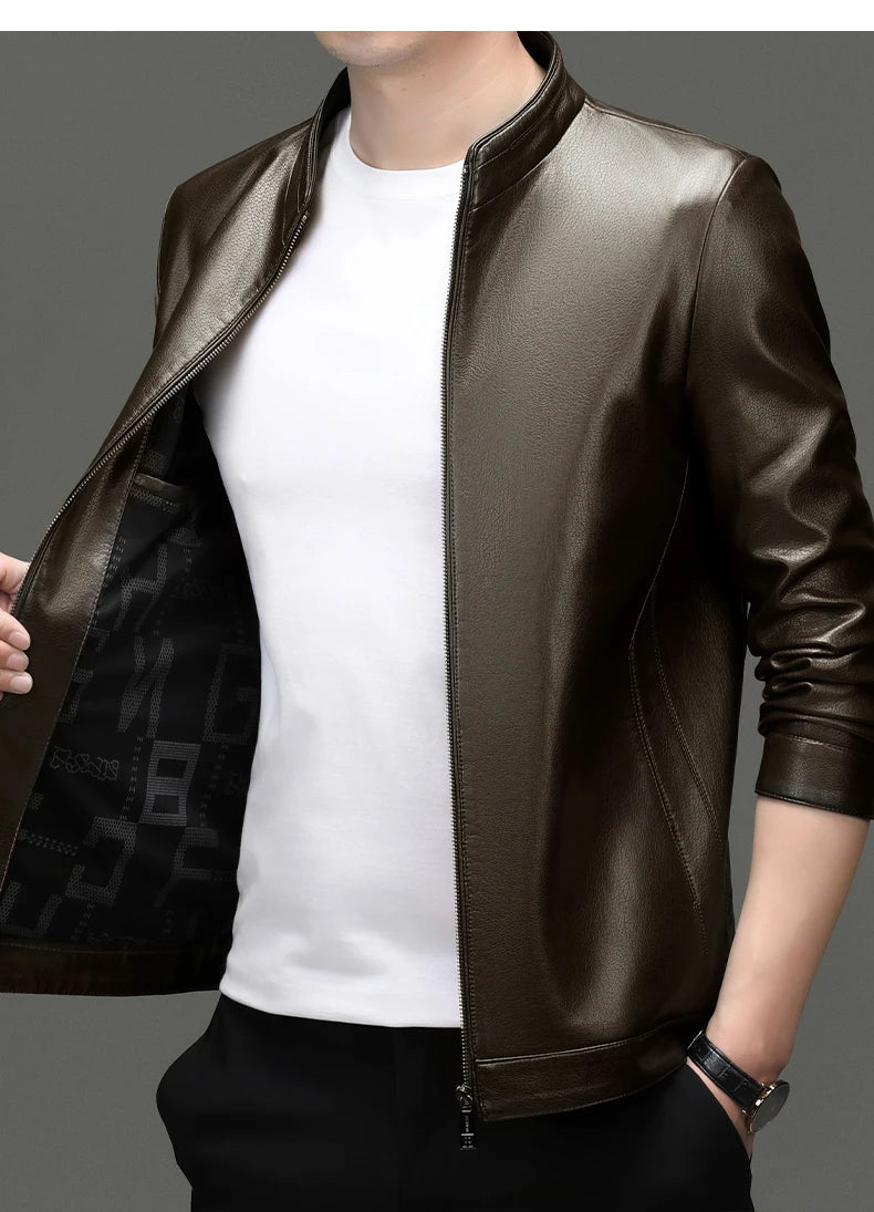 KK BRAND Premium Leather Stand Collar Men's Jacket – Smart Fit Casual Style 2025