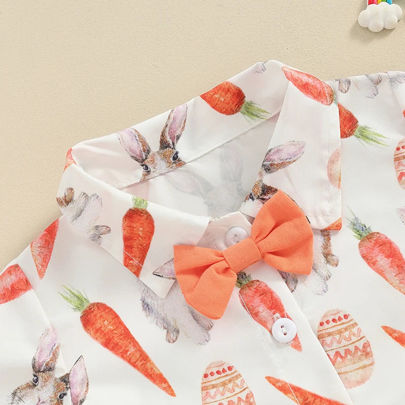 🧡 KK BRAND TODDLER BOY 2-PIECE SUMMER SET – BUNNY & CARROT PRINT SHIRT + SOLID SHORTS (9M–4Y) | 2025