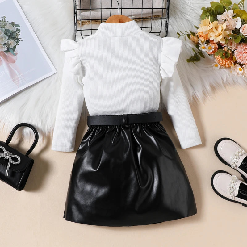 KK BRAND 2-PIECE OUTFIT FOR GIRLS – RUFFLED LONG SLEEVE TOP & PLEATED LEATHER SKIRT SET | BLACK &amp; WHITE FASHION LOOK | 2025