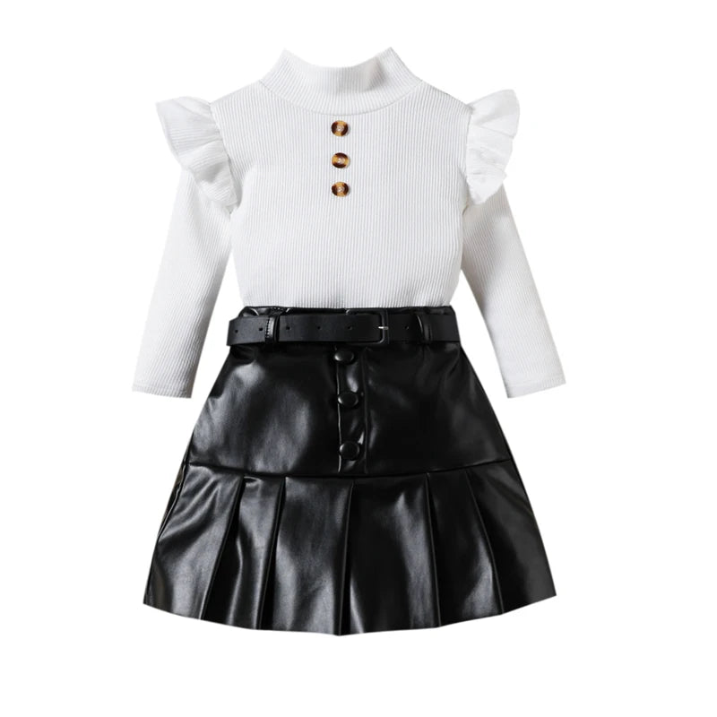 KK BRAND 2-PIECE OUTFIT FOR GIRLS – RUFFLED LONG SLEEVE TOP & PLEATED LEATHER SKIRT SET | BLACK &amp; WHITE FASHION LOOK | 2025
