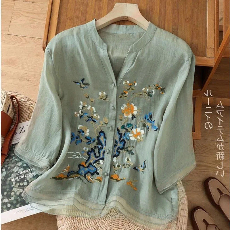 🌿 KK BRAND Embroidered V-Neck SHIRT FOR WOMEN'S / GIRLS – Ethnic-Inspired Elegance for Spring Summer 2025