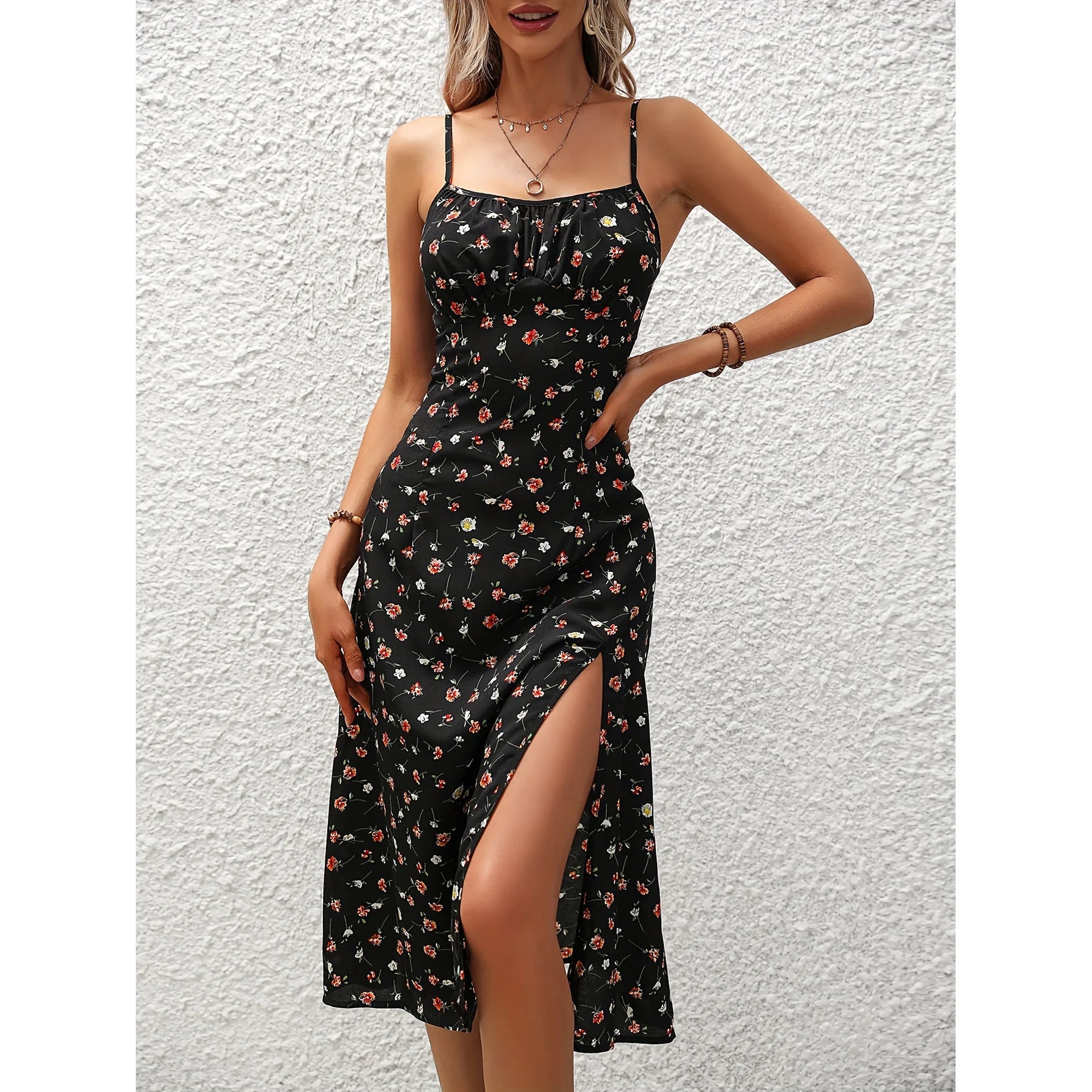 🌸 KK BRAND – Women’s Floral Dot Print Long Frock  Strapless Camisole Dress with Empire Waist &amp; Side Slit | Summer 2025