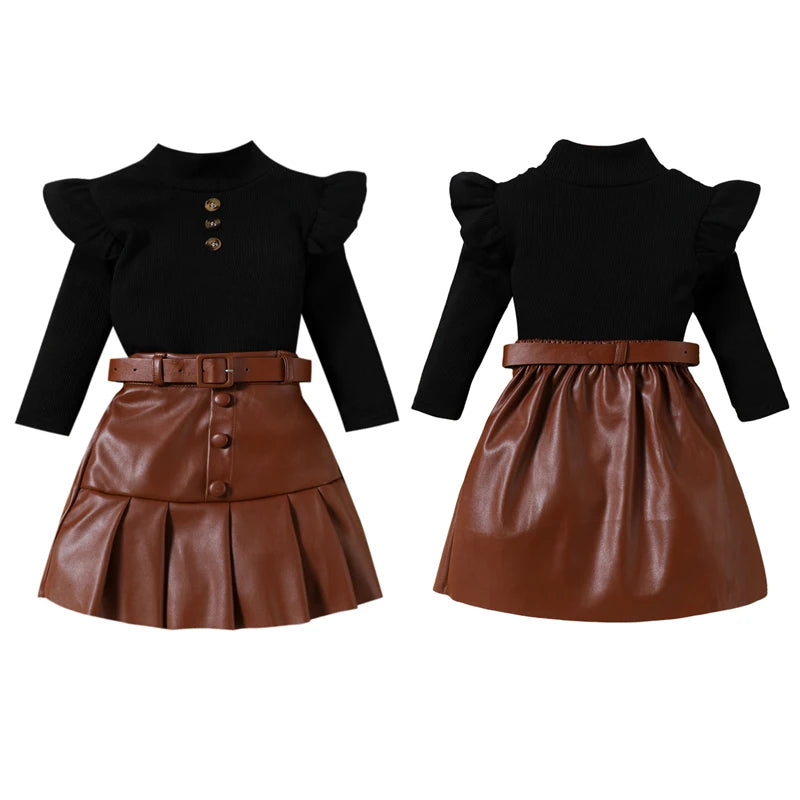 KK BRAND 2-PIECE OUTFIT FOR GIRLS – RUFFLED LONG SLEEVE TOP & PLEATED LEATHER SKIRT SET | BLACK &amp; WHITE FASHION LOOK | 2025