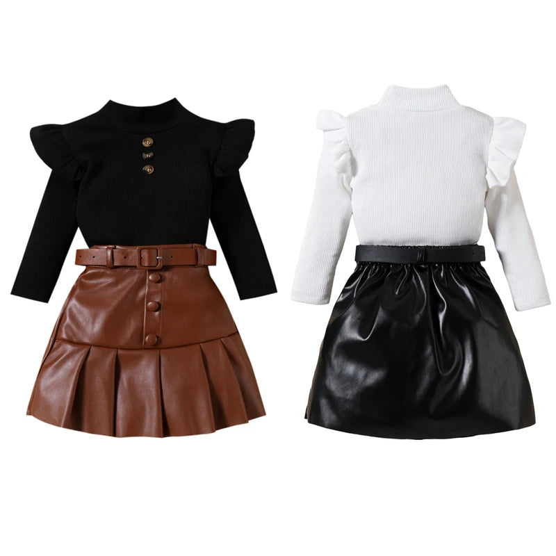 KK BRAND 2-PIECE OUTFIT FOR GIRLS – RUFFLED LONG SLEEVE TOP & PLEATED LEATHER SKIRT SET | BLACK &amp; WHITE FASHION LOOK | 2025