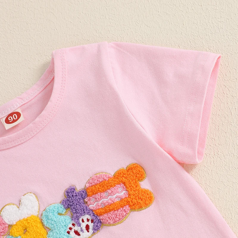 🌸 KK BRAND Toddler Girl 2-Piece Easter Outfit – Embroidered Letter Top & Sequin Bunny Skirt Set (Spring 2025)