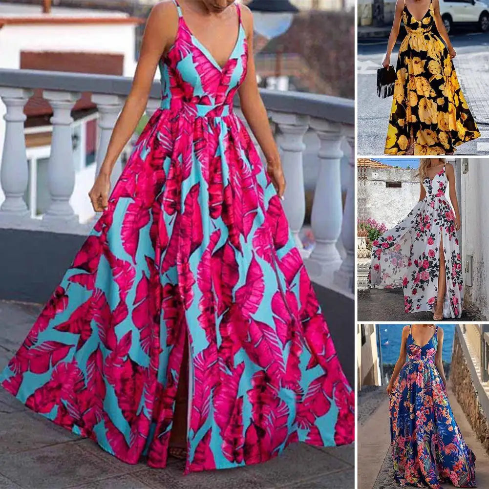 🌼 KK BRAND – Women’s V-Neck Floral Long Frock  Spaghetti Strap Maxi Dress with Elastic Waist &amp; Digital Prints | Summer 2025