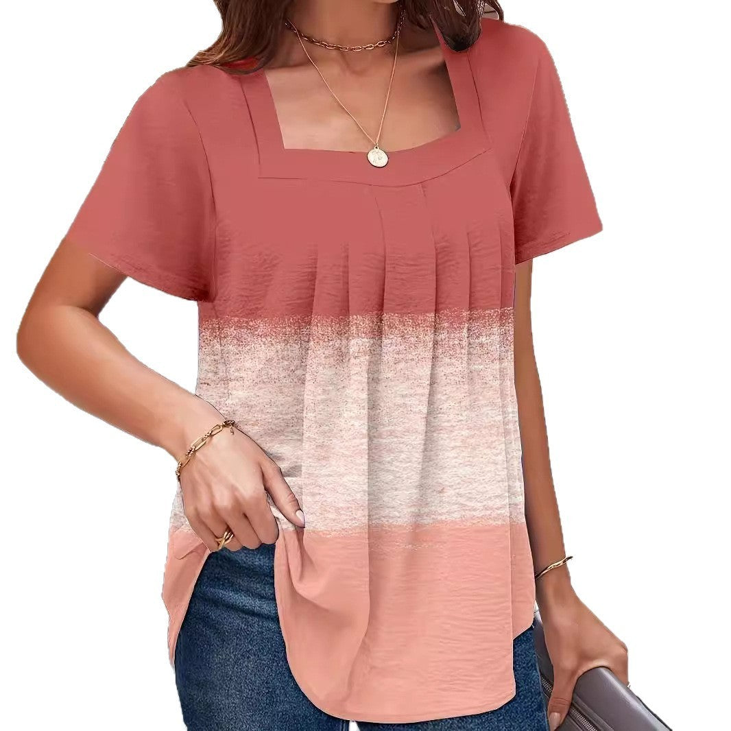 Dovetail Square Collar Pleated Ruffled Short Sleeves T-shirt