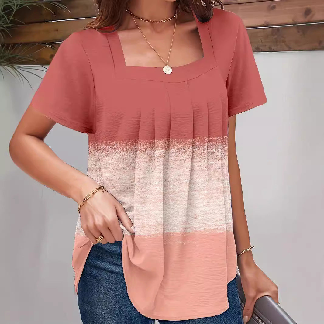 Dovetail Square Collar Pleated Ruffled Short Sleeves T-shirt